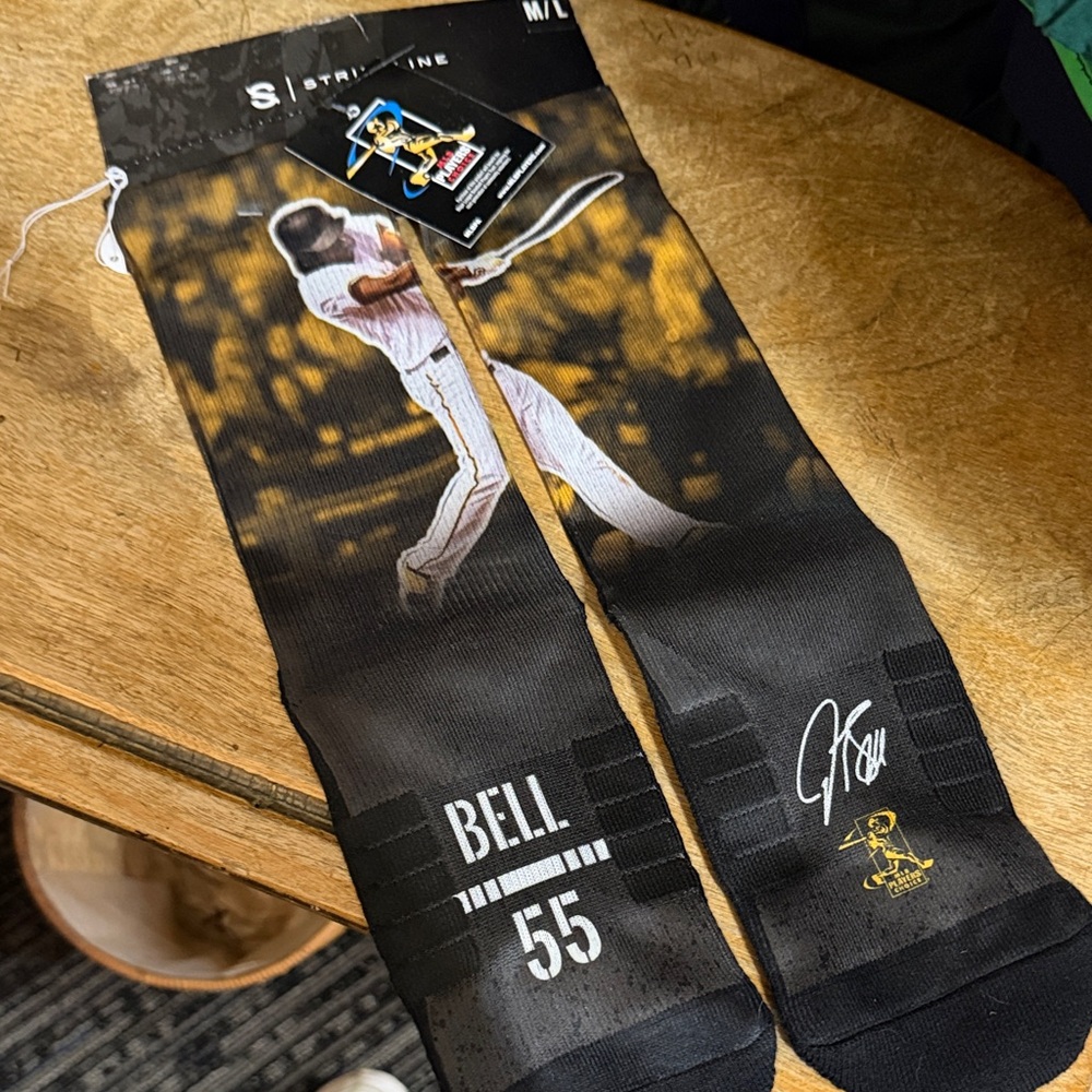 Men's Josh Bell Athletic Crew Socks - Black with Yellow Baseball Player Graphic